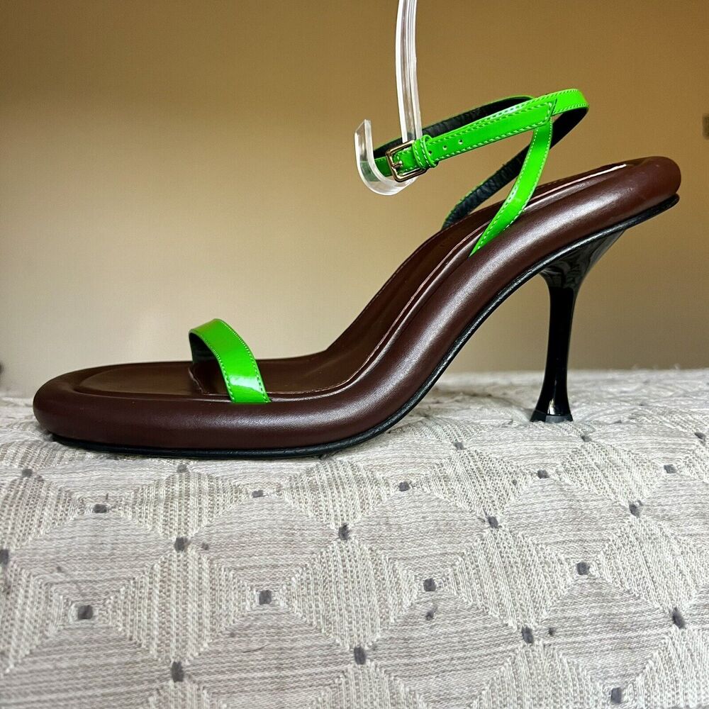 JW Anderson Bumper Tube Lime Green Patent Leather Strappy Heeled Sandal 38 US 8‎